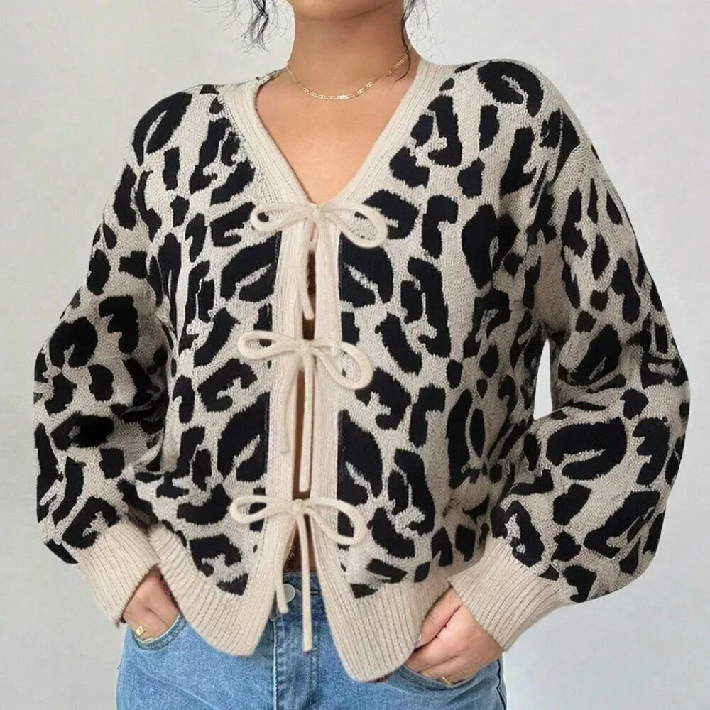 Casual Women's V-Neck Leopard Print Bow detailed Lantern Sleeve sweater top